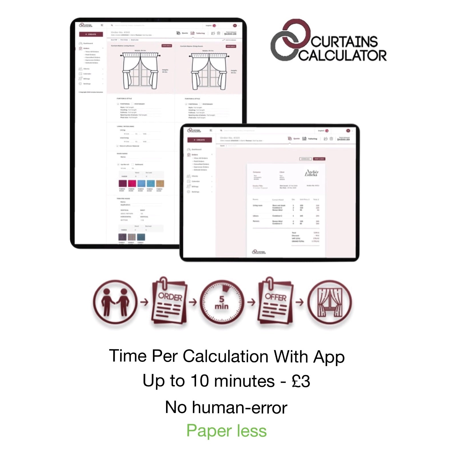 Curtains Calculator application for soft furnishing and curtian business owners and sales people. Assist sales people during the sales process in curtian and blind store
