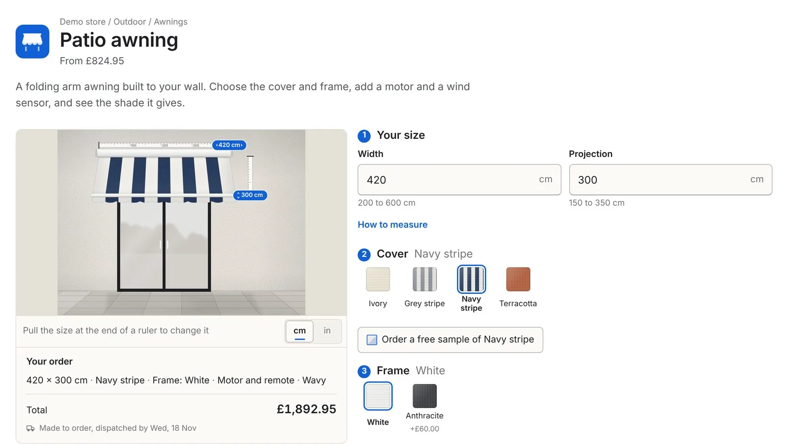 Inchy awning builder on a Shopify product page: width 420 cm, projection 300 cm, navy stripe cover, total £1,892.95
